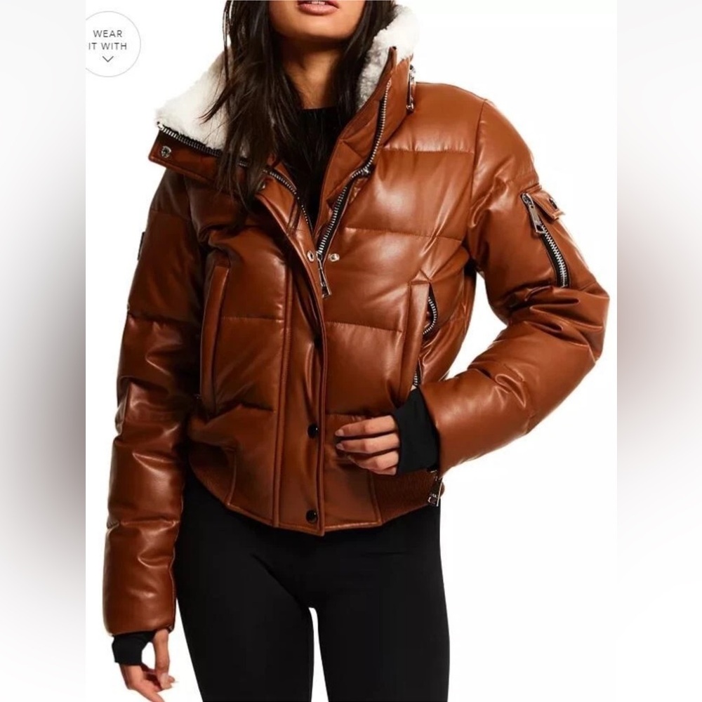 SAM. Brown Puffer Jacket with Shearling Collar